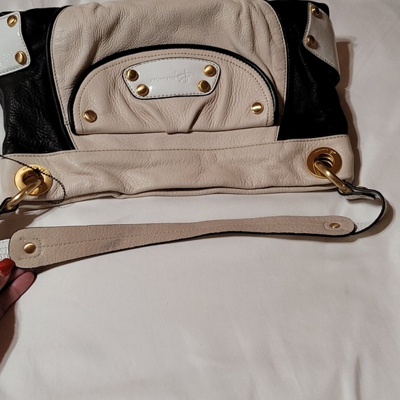 B.Makowsky Black Cream Leather Shoulder Bag Purse - Picture 13 of 15